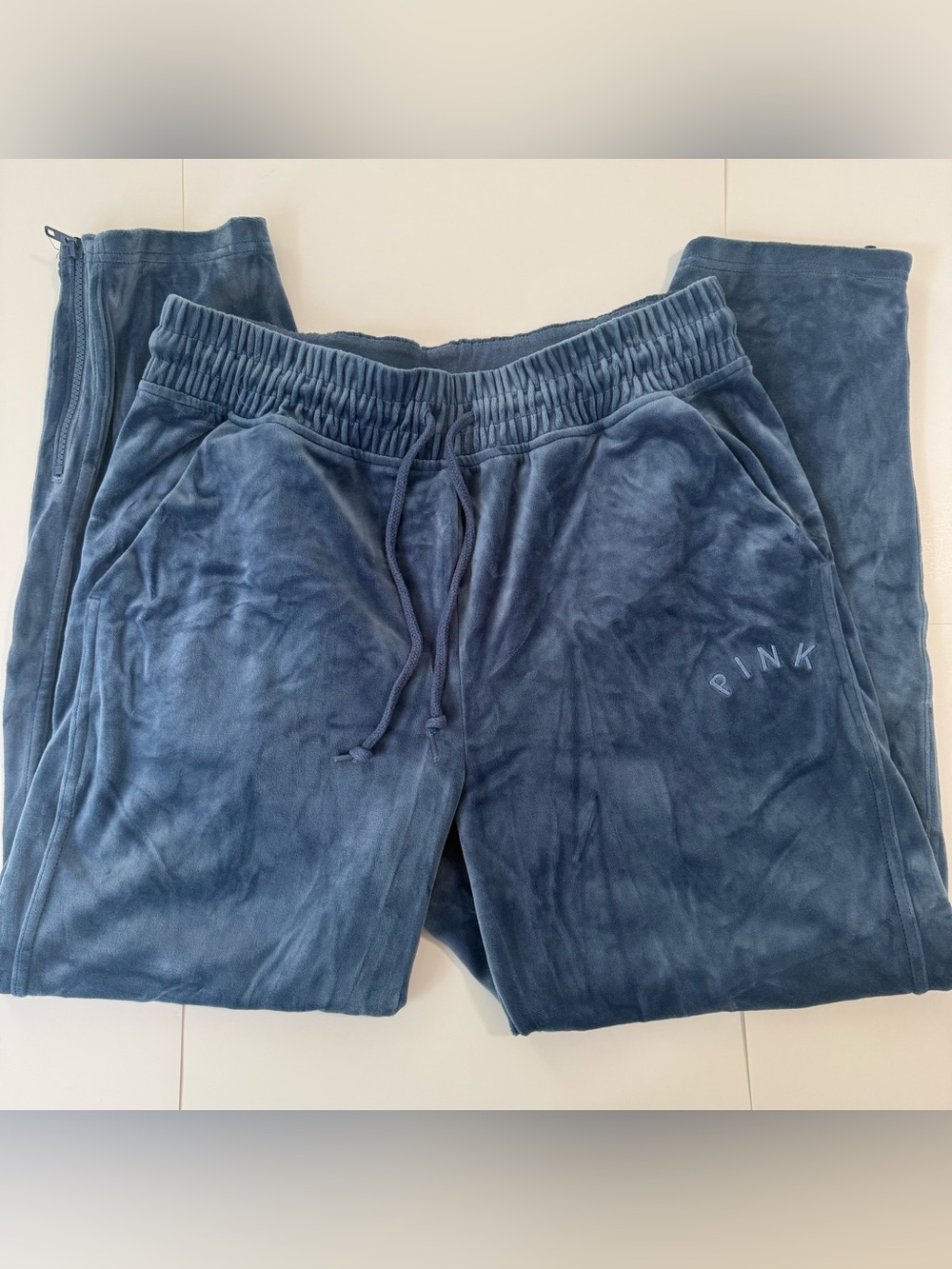 PINK Victoria's Secret Velour Heritage Sweatpants Size L Blue Wash Ankle Zippers